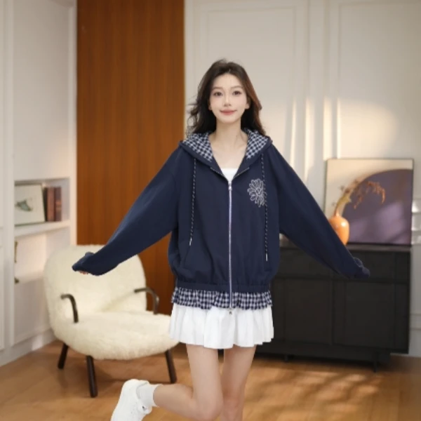 MARDI KNOW百搭短外套拼接连帽常规运动秋季开衫女上衣中长款