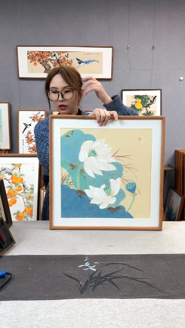 【闪购商品】国画唐以宁-纯手绘带框作品-53*53-荷花