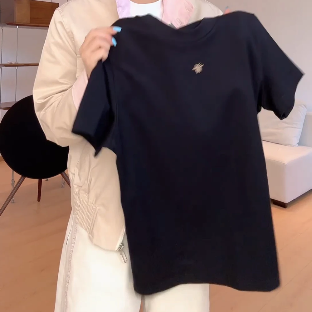 "凋落“早春后背素描字母印花短袖T恤上衣女2025夏季半袖百搭