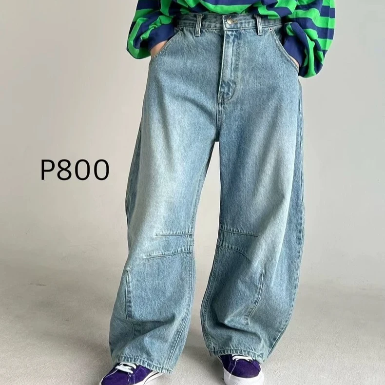 现-韩国代购东大门女2025春季新款ITZEL松紧腰磨白拼接弯刀牛仔裤