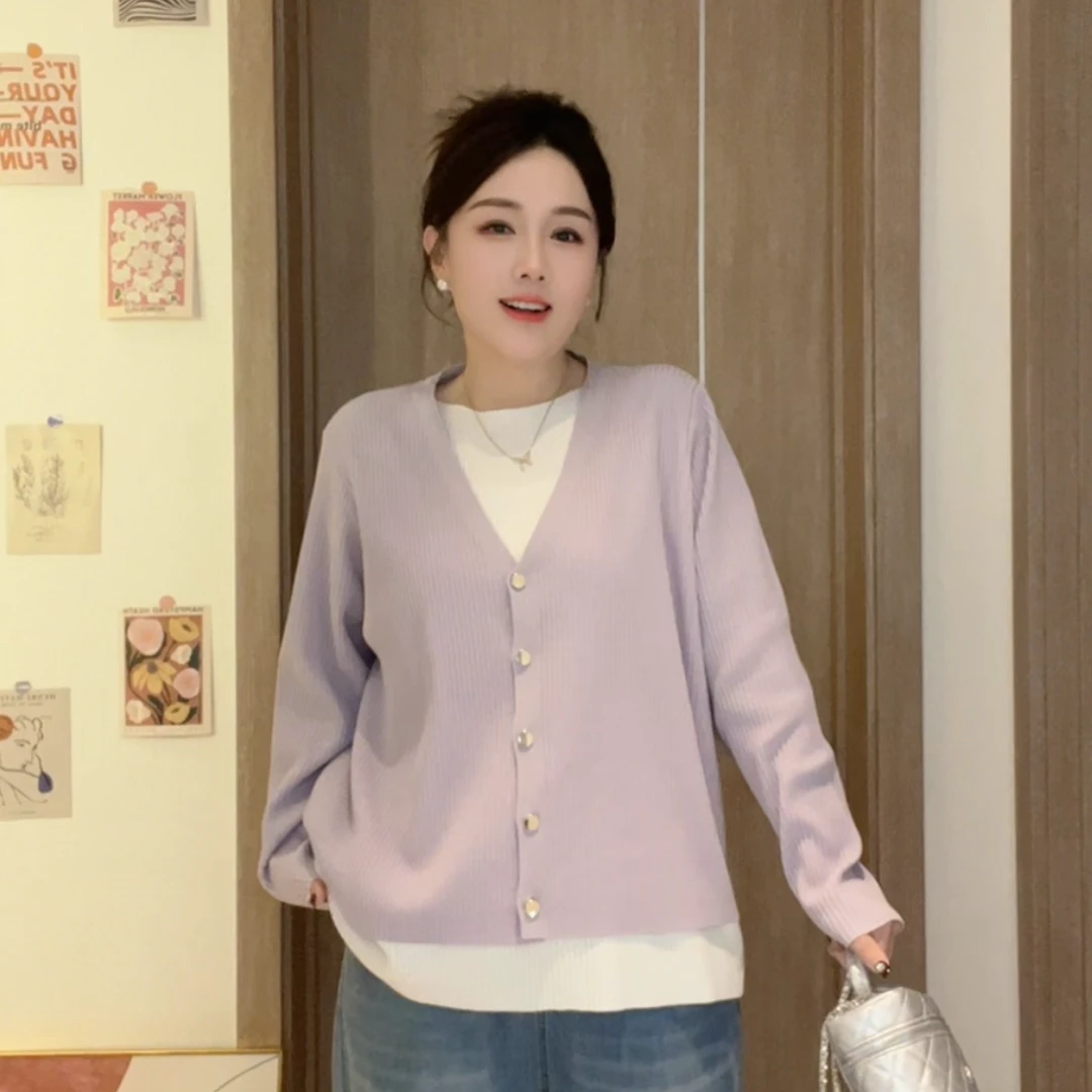 【晶晶专属】1322撞色拼接假两件针织开衫2025春秋新款女装宽松显瘦