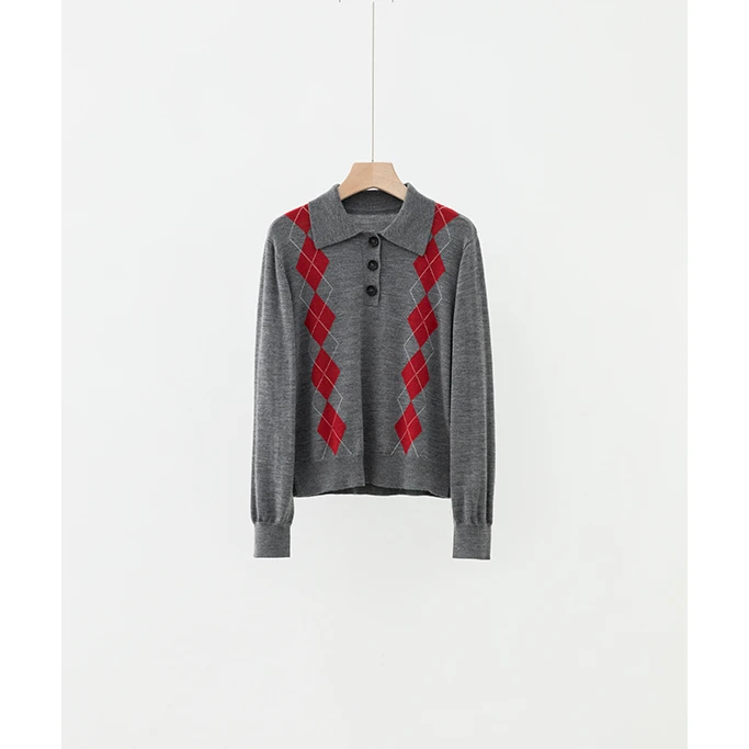灰红格学院Polo领菱形缪系减龄针织衫ZZS4H2208