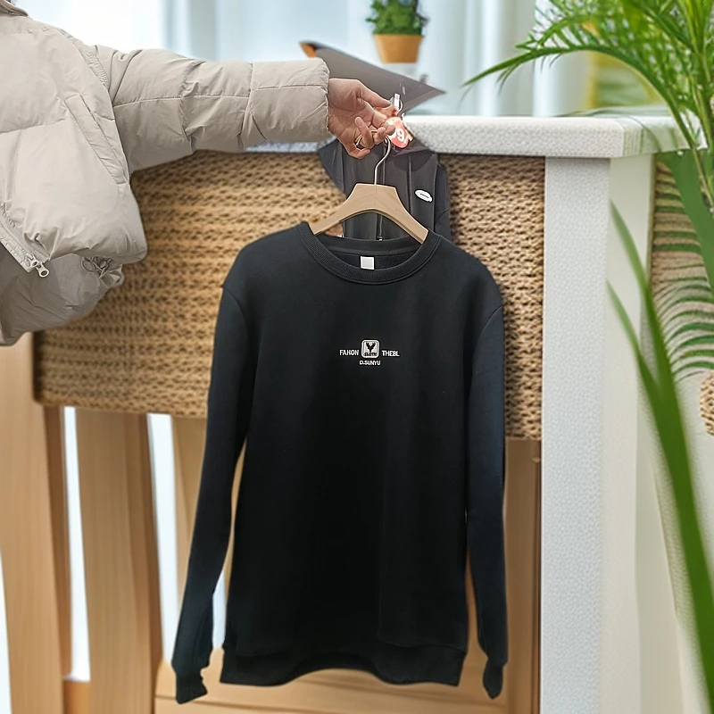 圆领男装黑色套头男士宽松长袖保暖加绒时尚纯色卫衣冬季休闲