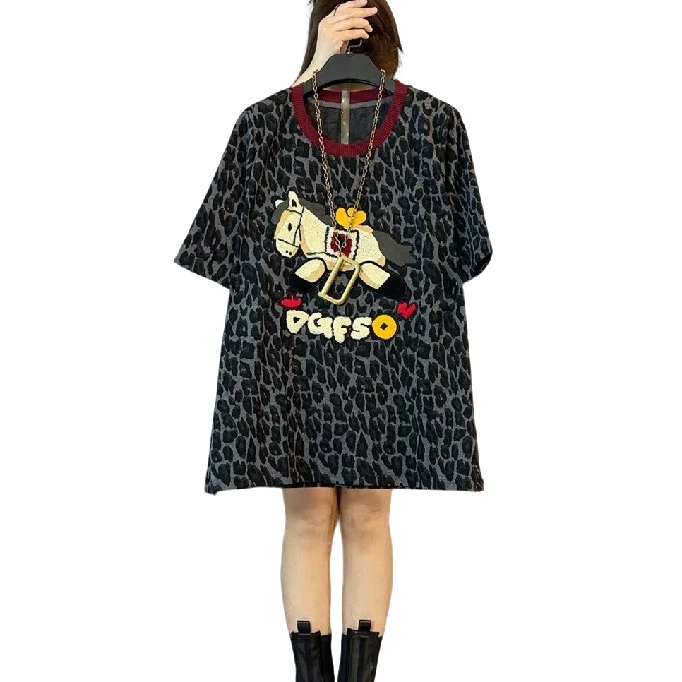 大维罗依PHH欧货大码新款毛巾绣小马豹纹洋气大衫