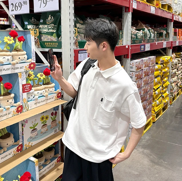 Howaer何物港风Polo衫男珠地棉质感青年原宿风短袖双口袋夏季宽松