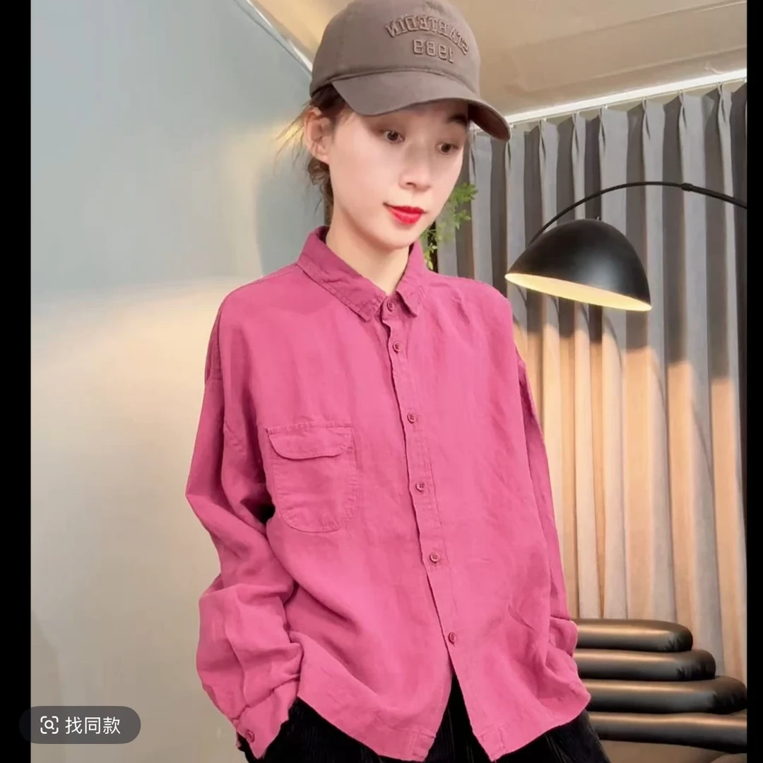 秋季文艺新款纯亚麻长袖衬衫女休闲百搭打底衬衣宽松显瘦开衫女