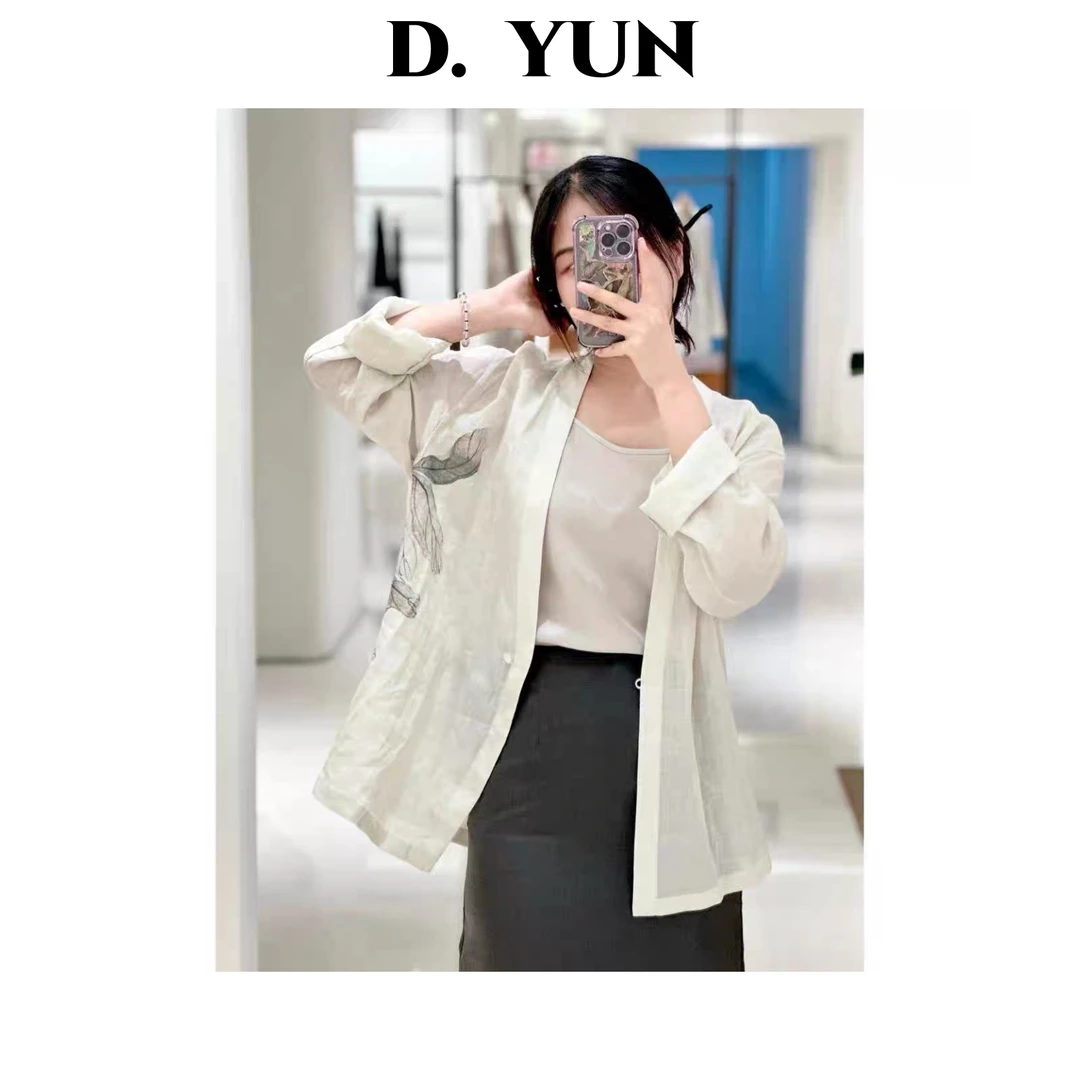 云村-【蚕豆花】夏季深V领水墨画苎麻外套