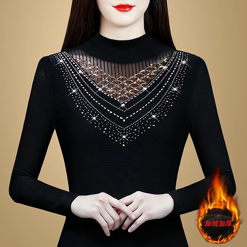 6123 网纱打底衫女秋2024新款洋气镶钻高端显瘦内搭小衫长袖上衣