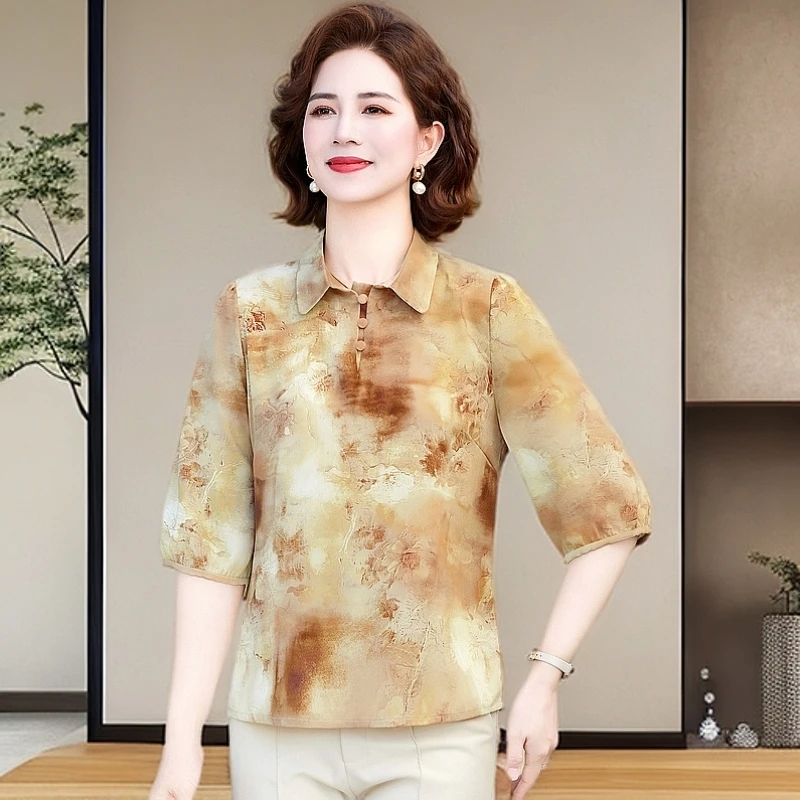 新款妈妈夏季t恤打底上衣薄款小衫时尚中老年女装衬衫洋气衬衣服