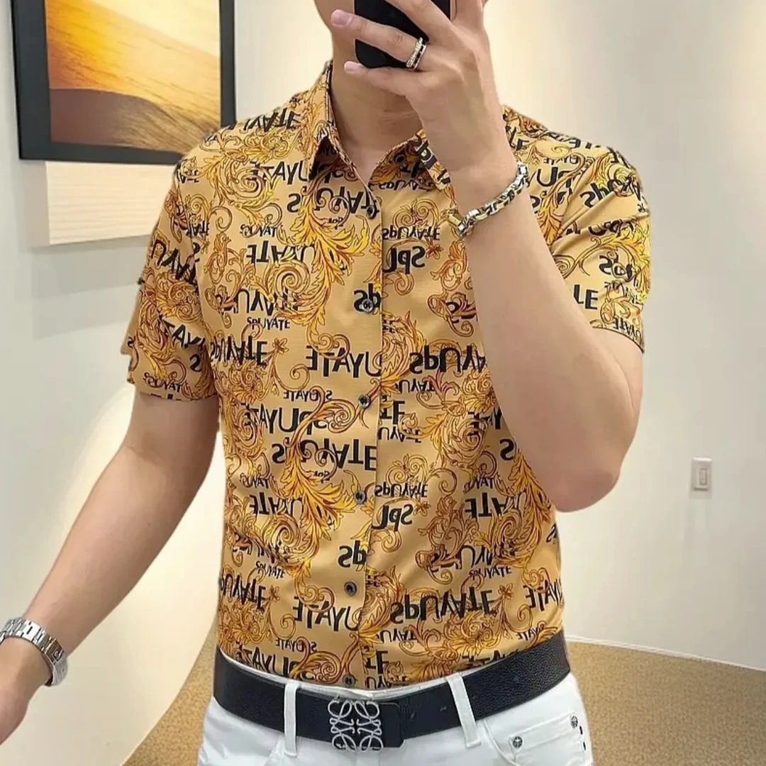 TERINELO/黛芮奈勒夏季新款短袖衬衫男士休闲修身潮流印花百搭