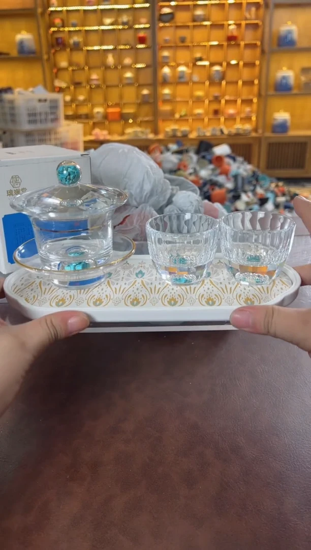 瓷片鸣盏居11111111琉水晶盖碗+2杯+茶盘