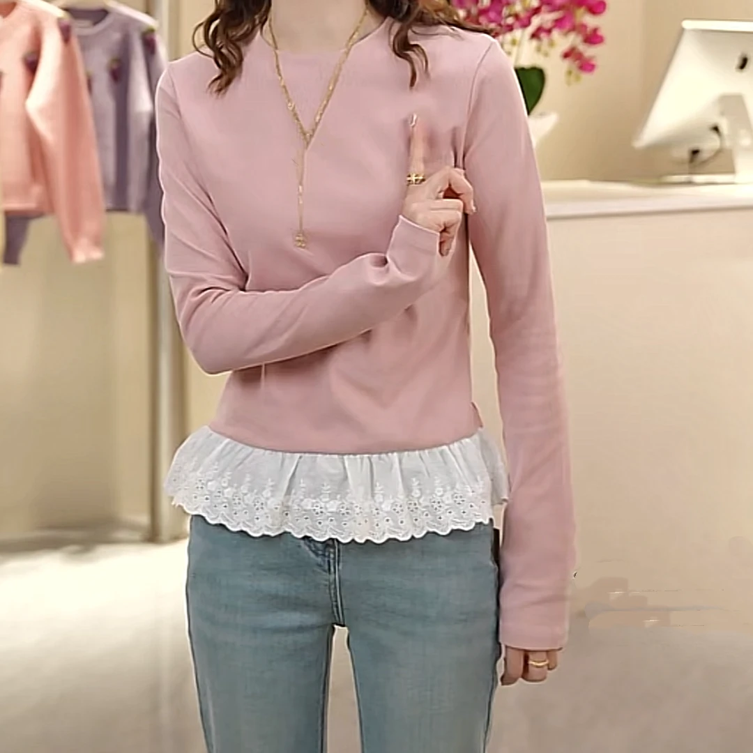 设计感芭蕾风花边下摆拼接长袖打底衣女T恤春季2025新款圆领衬衫