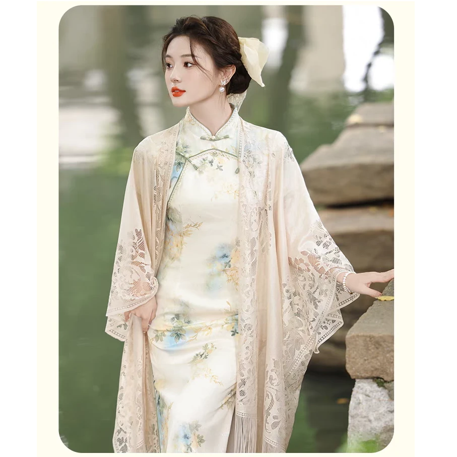 中国风蕾丝开衫披肩女镂空外搭新款薄款旅游防晒斗篷长款披风1003