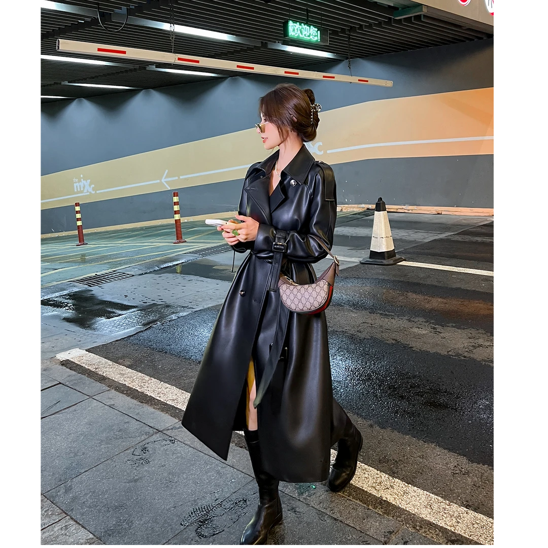 黑色pu皮风衣外套女长款2025秋冬新款高级感宽松收腰休闲气质大衣