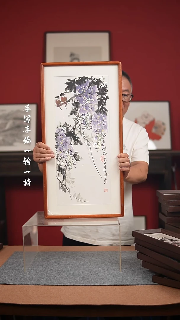 国画手绘-36*69实木框花鸟
