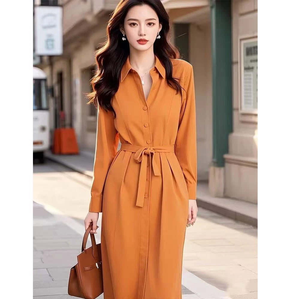 春季气场强大法式高端精致气质女神范高级感超好看橘色衬衫连衣裙