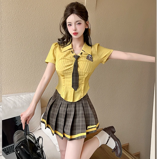 纯欲美式学院风jk制服套装女夏日性感辣妹衬衫短款上衣百褶短裙子