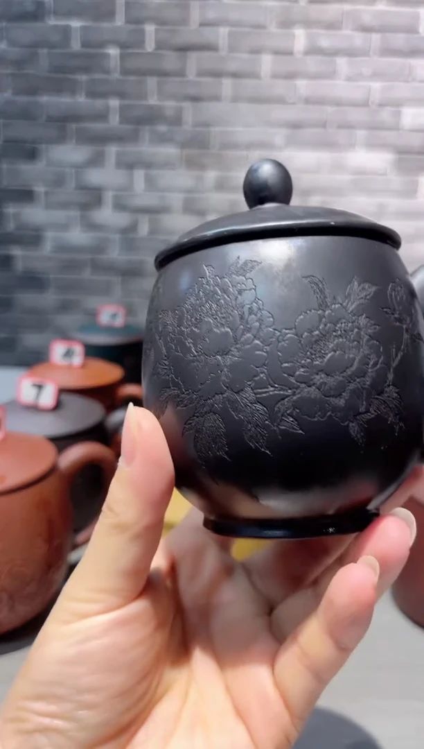 【闪购商品】紫砂茶杯紫砂盖杯石黄龙蛋刻绘牡丹