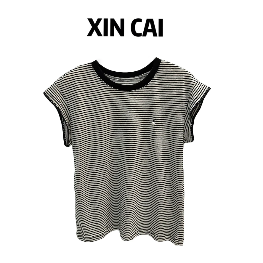 XINCAI夏季新款撞色黑白条纹显瘦飞袖T恤针织衫松弛设计感上衣