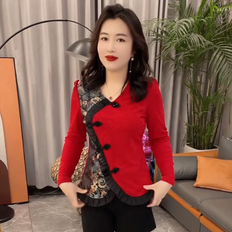 春季新款轻奢时尚洋气不规则拼接加绒打底衫网红百搭民族风上衣女