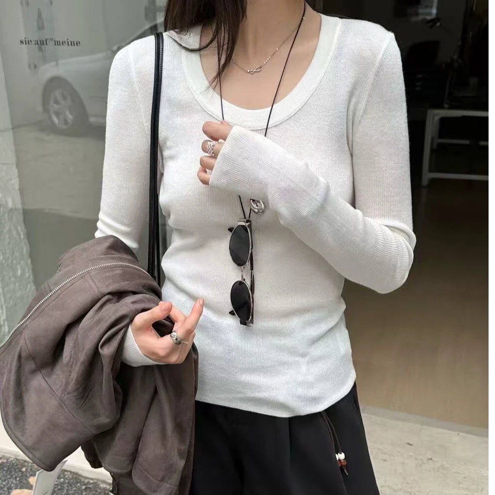 2025新款秋季女士简约风u领修身显瘦针织衫上衣#2525