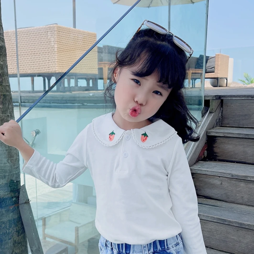 春秋款洋气女童纯色翻领花边刺绣打底衫