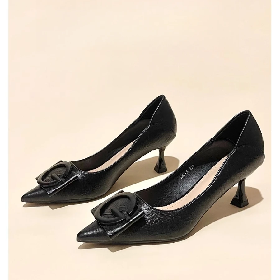 2025年新款软皮不累脚高跟鞋女黑色细跟尖头小码两穿5cm职业单鞋