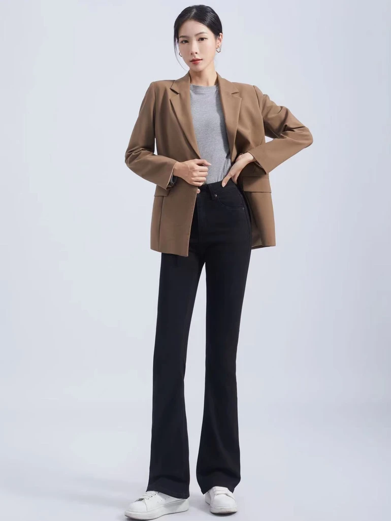 TY 四面弹纯黑色不掉色高腰牛仔微喇百搭显瘦提臀时尚修身微喇裤