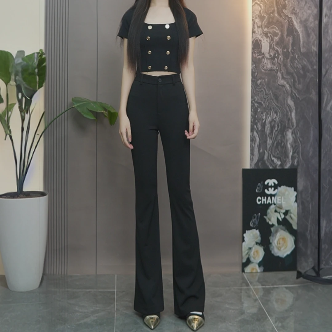 2025新款韩版时尚黑色加长休闲裤高腰显瘦喇叭长裤链条裤女