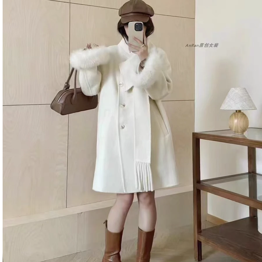 Molly【中长款围巾毛袖款】网红时尚百搭韩版毛袖款双面羊毛大衣