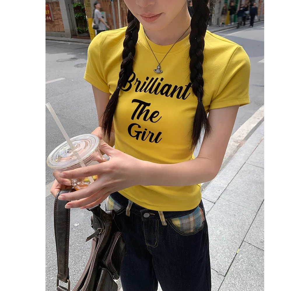 黄色正肩短袖t恤女欧美风辣妹修身体恤衫夏字母印花圆领短款上衣
