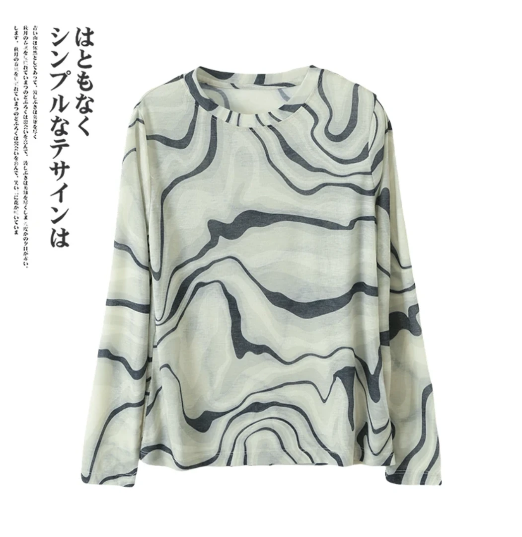 莱赛尔~彩绘印花设计感长袖打底衫宽松圆领上衣