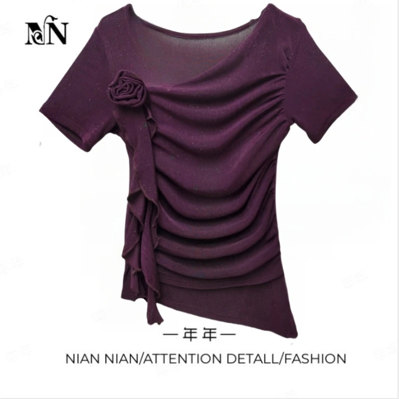 〖柿子味辣妹〗年年2025春季新款御姐玫瑰抽褶上衣女不规则新款小衫