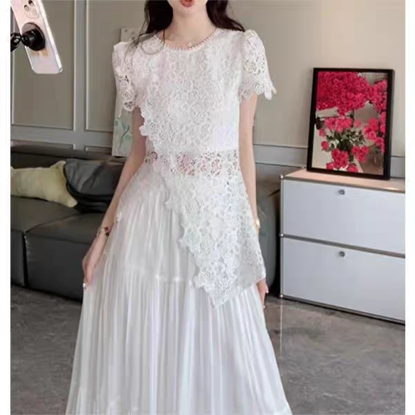 2025夏季新款法式不规则钩花镂空蕾丝上衣+半身裙两件套1508