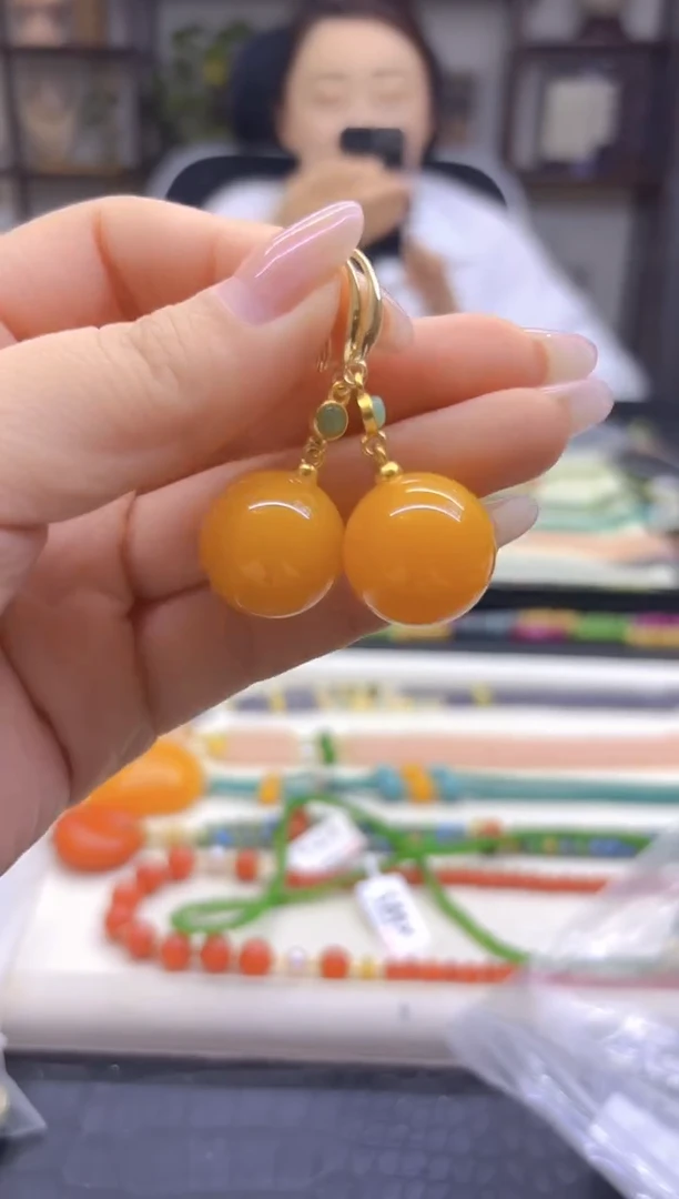 蜜蜡14K金镶嵌耳饰DIY款E893