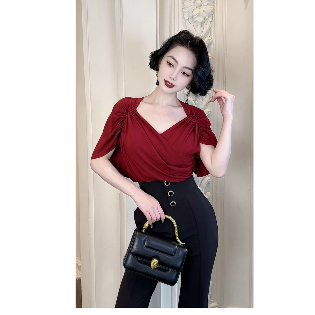 LYXJ【潘帕斯红酒】高级酒红色褶皱设计针织显白显气质上衣12149