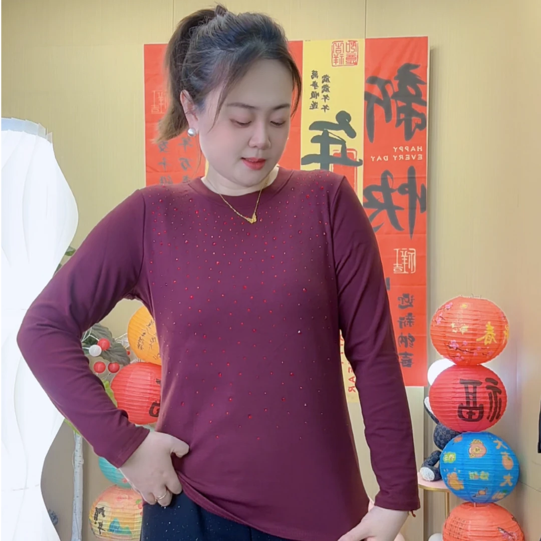 2025春季新款长袖打底欧货压钻闪闪衫磨毛百搭女士时尚圆领88129