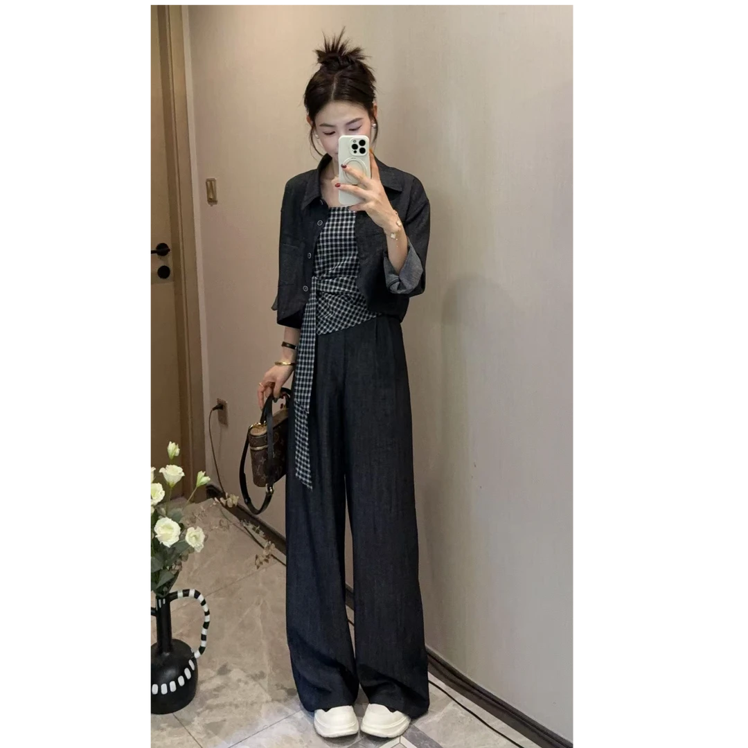 【杨二迪专属】DD01秋季新款时尚百搭复古格子背心套装三件套