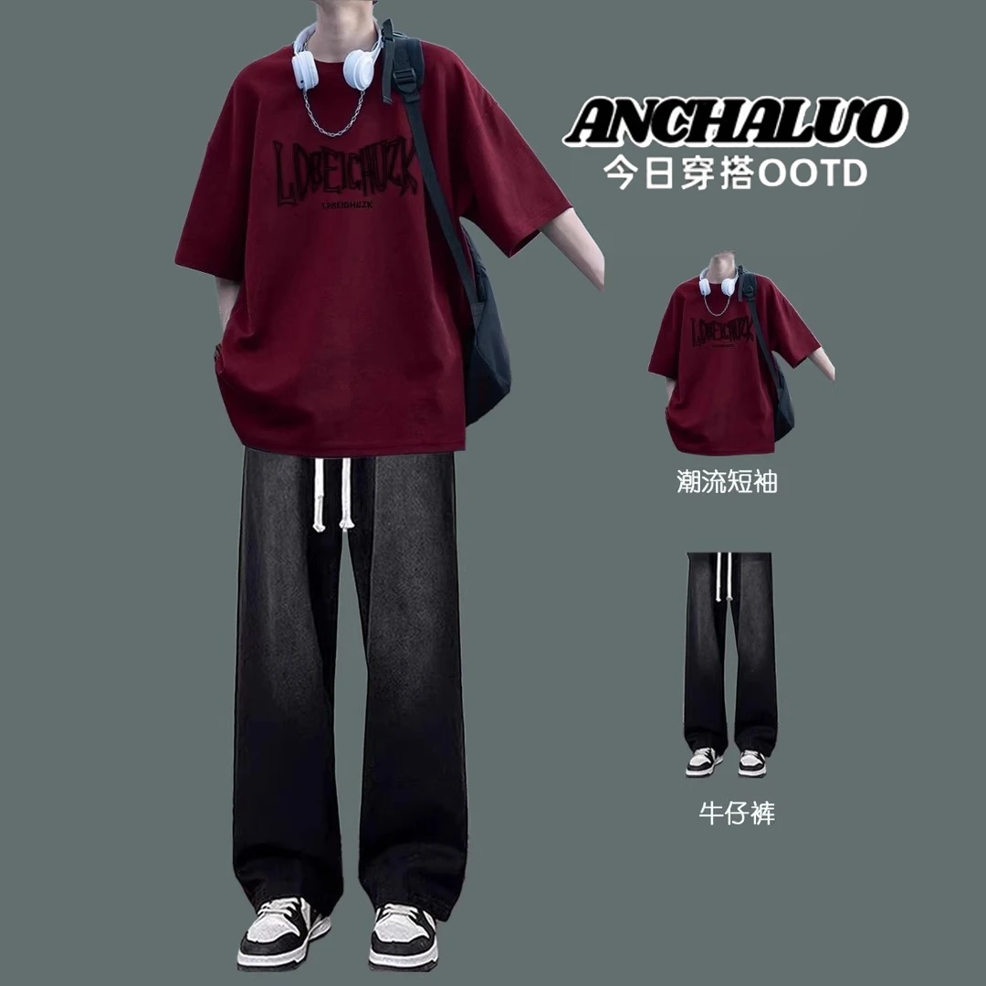 美式纯棉短袖t恤男学生夏季套装2025新款宽松潮流时尚男装一整套