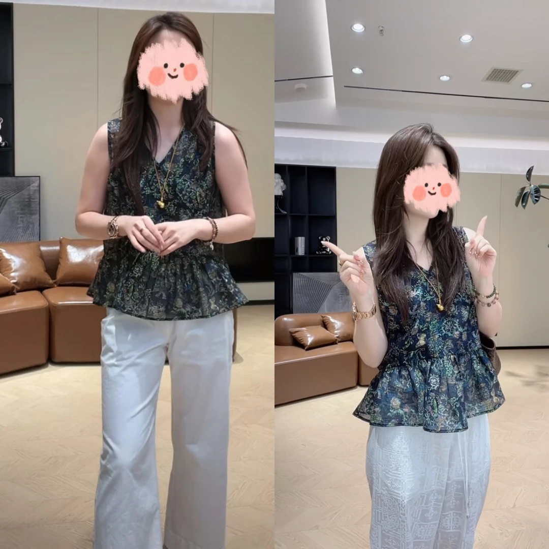 度假旅游风夏季法式v领碎花无袖上衣马甲+显瘦百搭直筒裤两件套薄