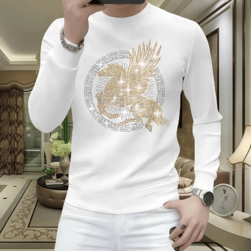 秋冬季套头圆领时尚百搭男士长袖卫衣修身型烫钻休闲潮流帅气外套