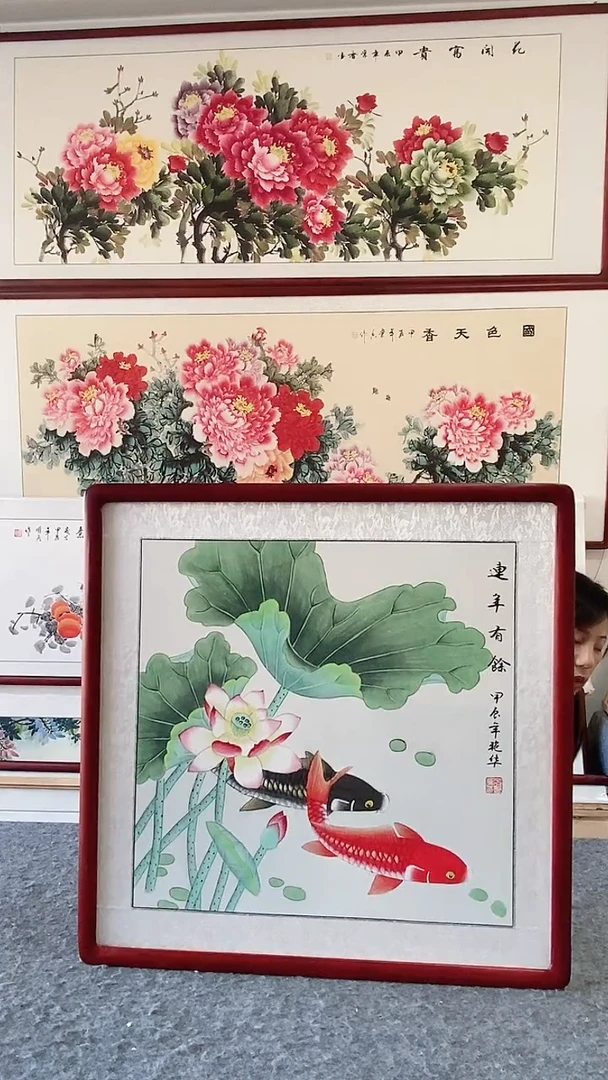 国画实木画框纯手绘国画65*65带框装饰挂画