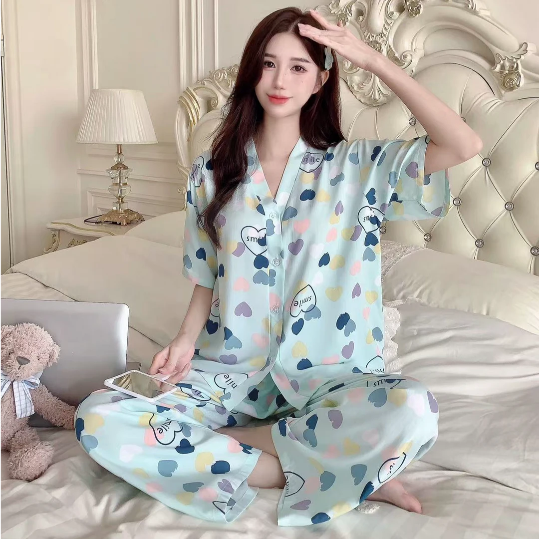 【短袖+长裤】2025可爱甜美风宽松绵绸睡衣套装透气家居服