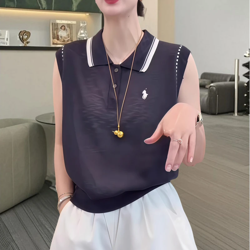 小众设计感简约撞色polo领坎肩无袖上衣女夏季新款时尚气质针织衫