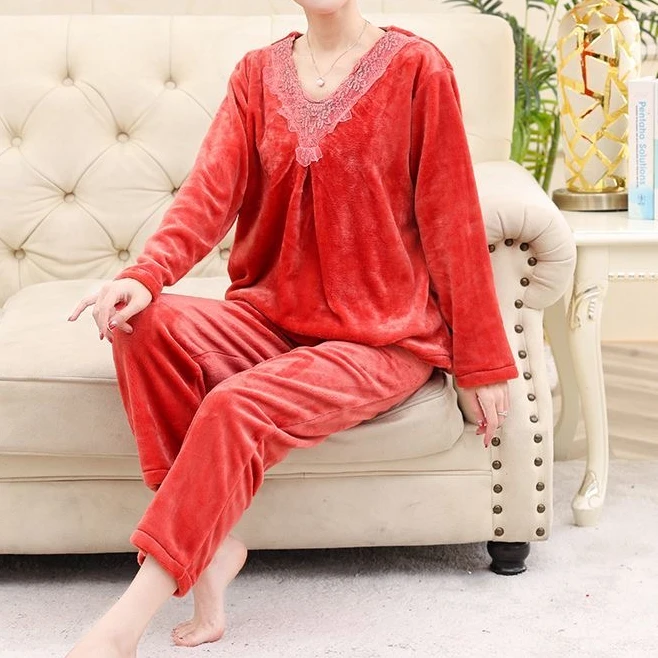 法兰绒睡衣女冬天蕾丝加厚加绒冬季套装珊瑚绒家居服可外穿保暖