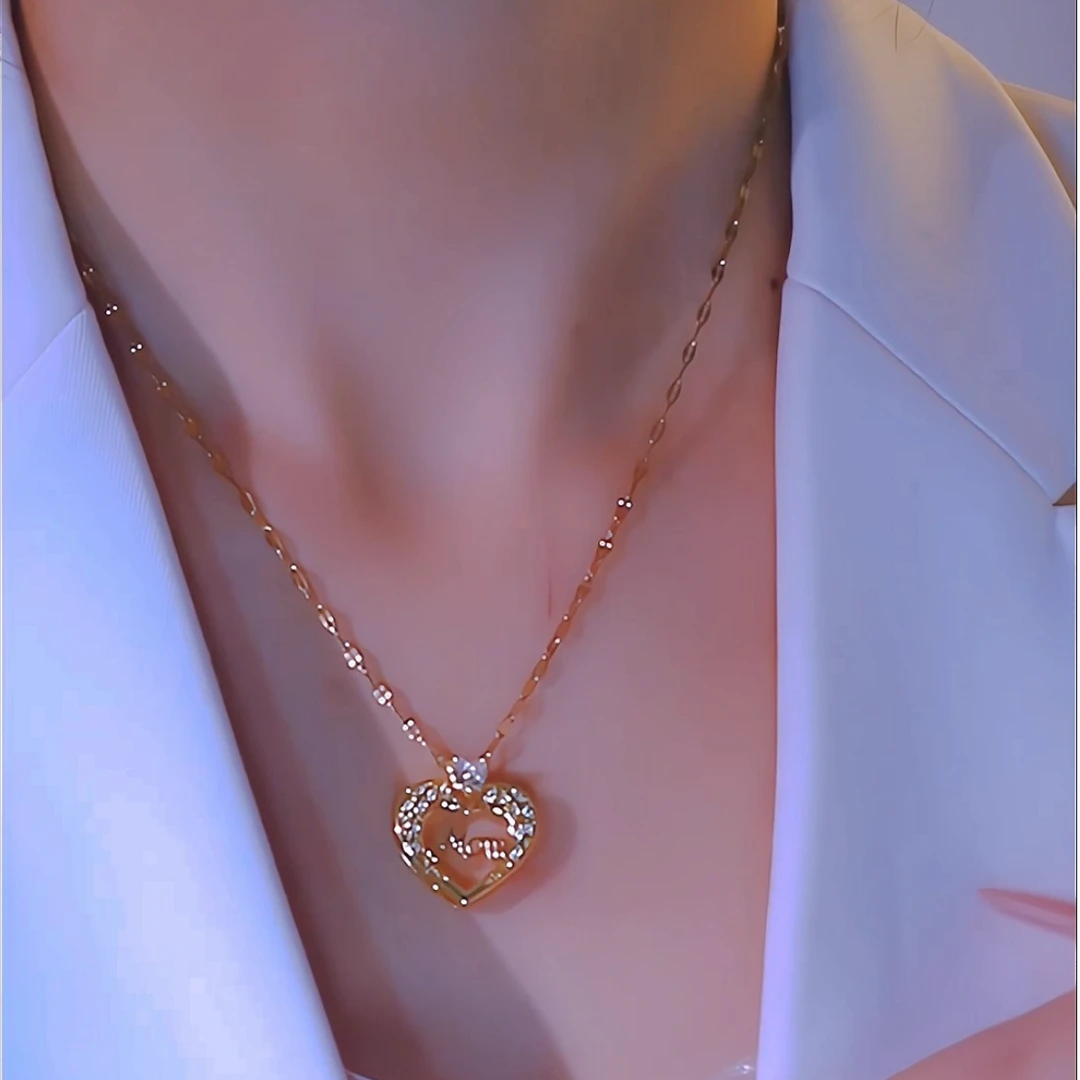 钛钢项链 新锆石爱心mom项链女时尚锁骨链小众气质饰品