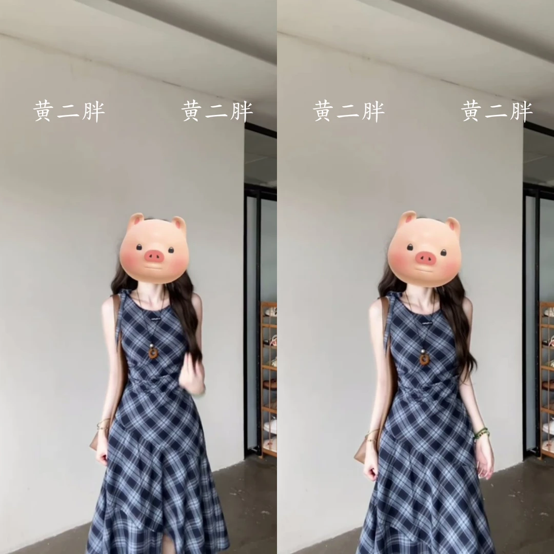 高级感格纹无袖连衣裙女韩系不规则气质收腰长裙2025夏季新款