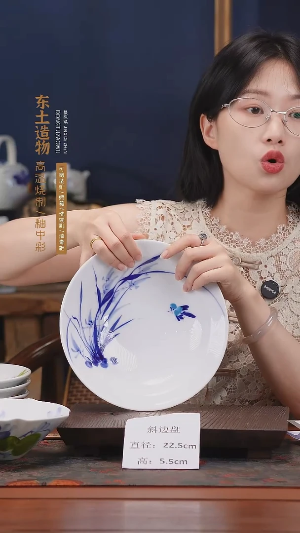 陶瓷景德镇釉中彩餐具斜边盘直径22.5高5.5