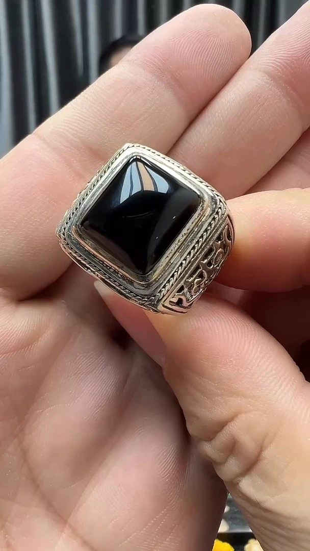 银S925镶嵌戒指玛瑙/玉髓黑玛瑙戒指