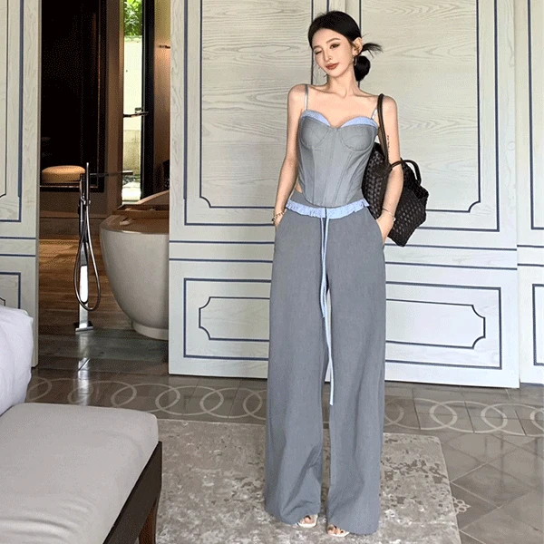 2025高级辣妹套装气质设计感拼接抹胸背心上衣休闲阔腿长裤两件套